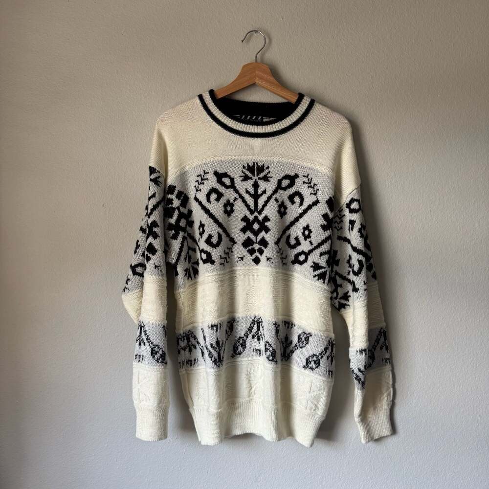 Vintage 90s Nuovo Nordic Sweater M Black White Geometric Wool Blend